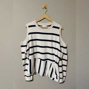 2X Tanya Taylor Navy Cream Striped Cold Shoulder Organic Cotton Sweater